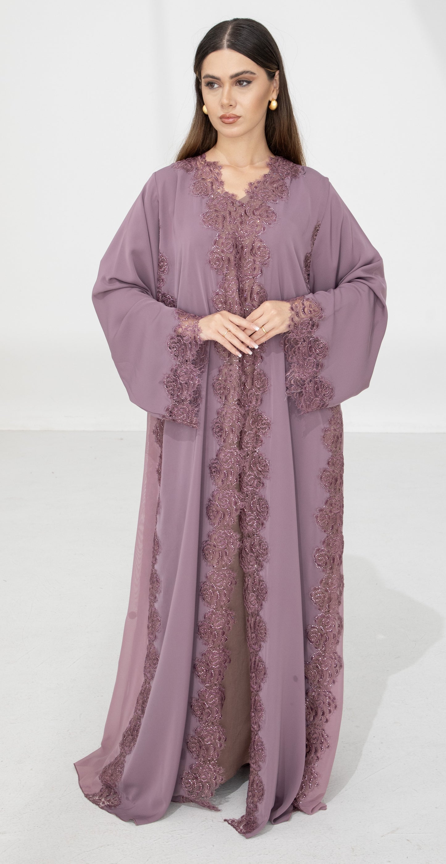 Heather Mauve Dantel Abaya