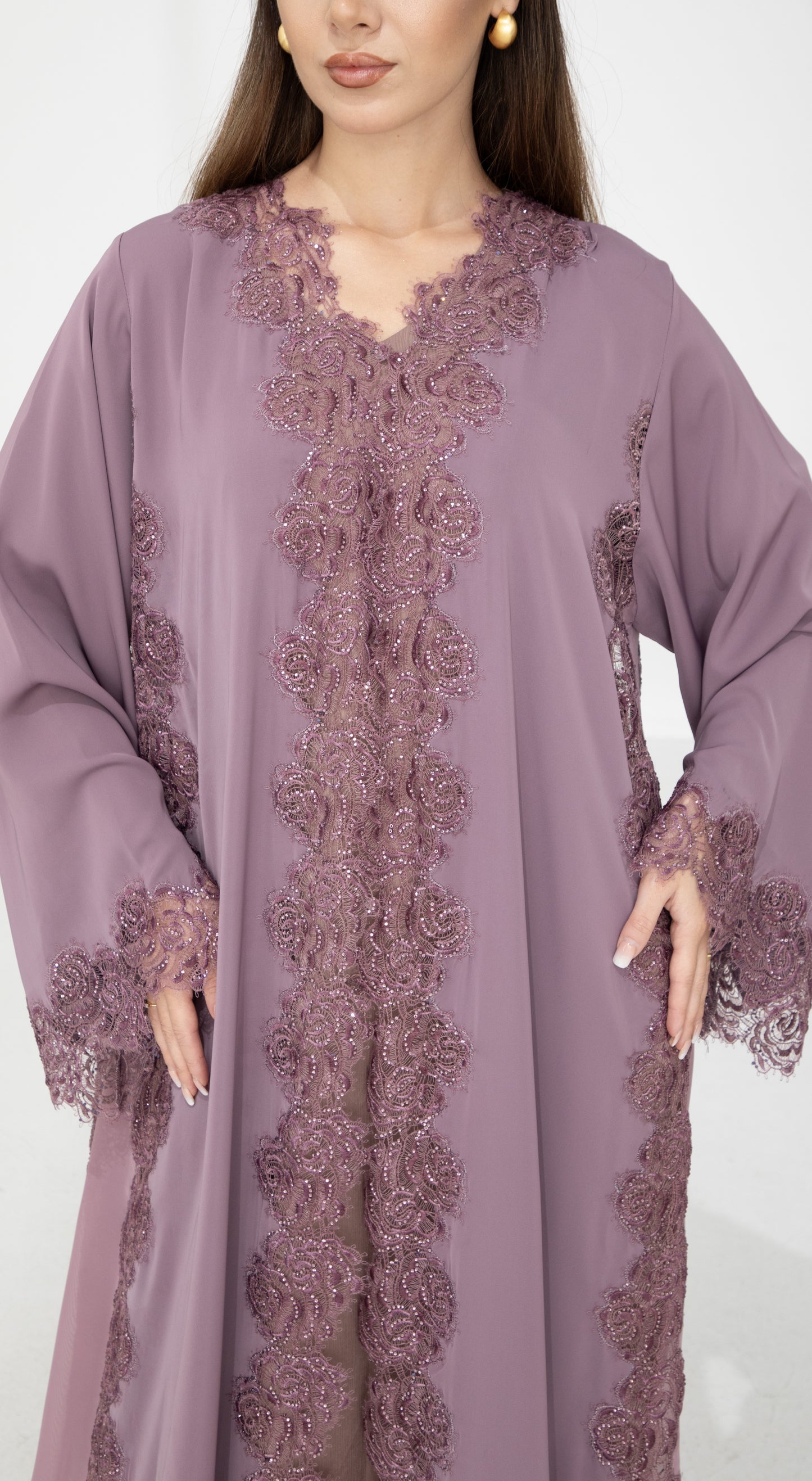 Heather Mauve Dantel Abaya