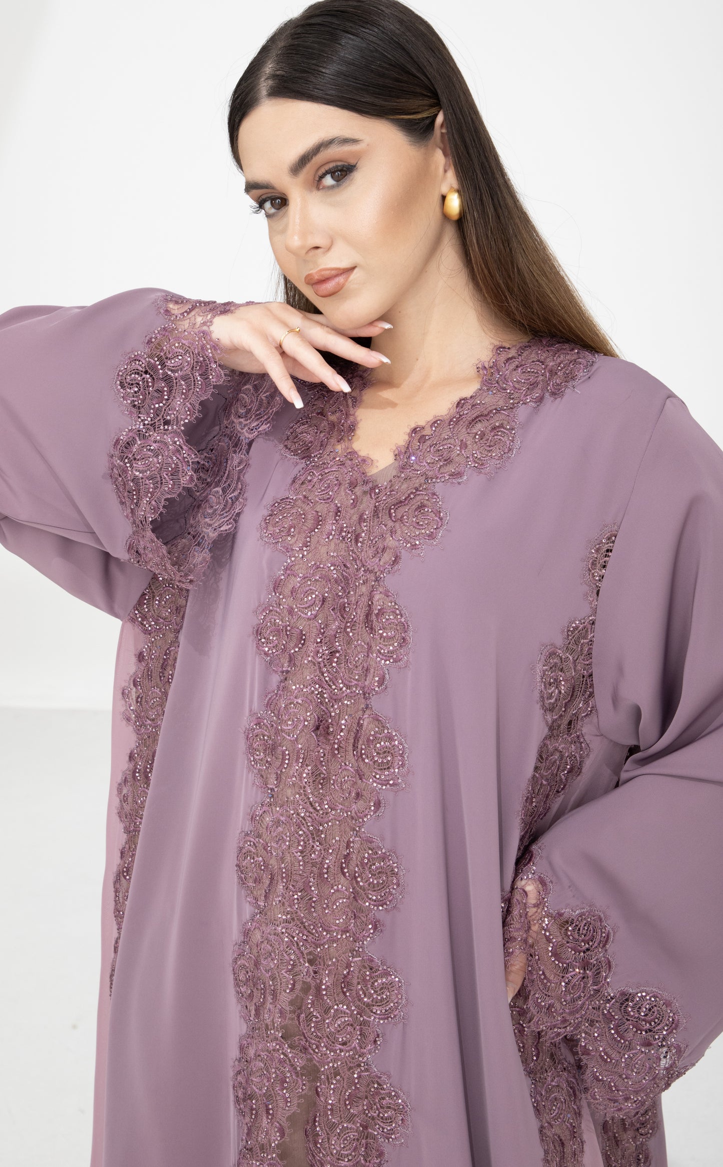 Heather Mauve Dantel Abaya
