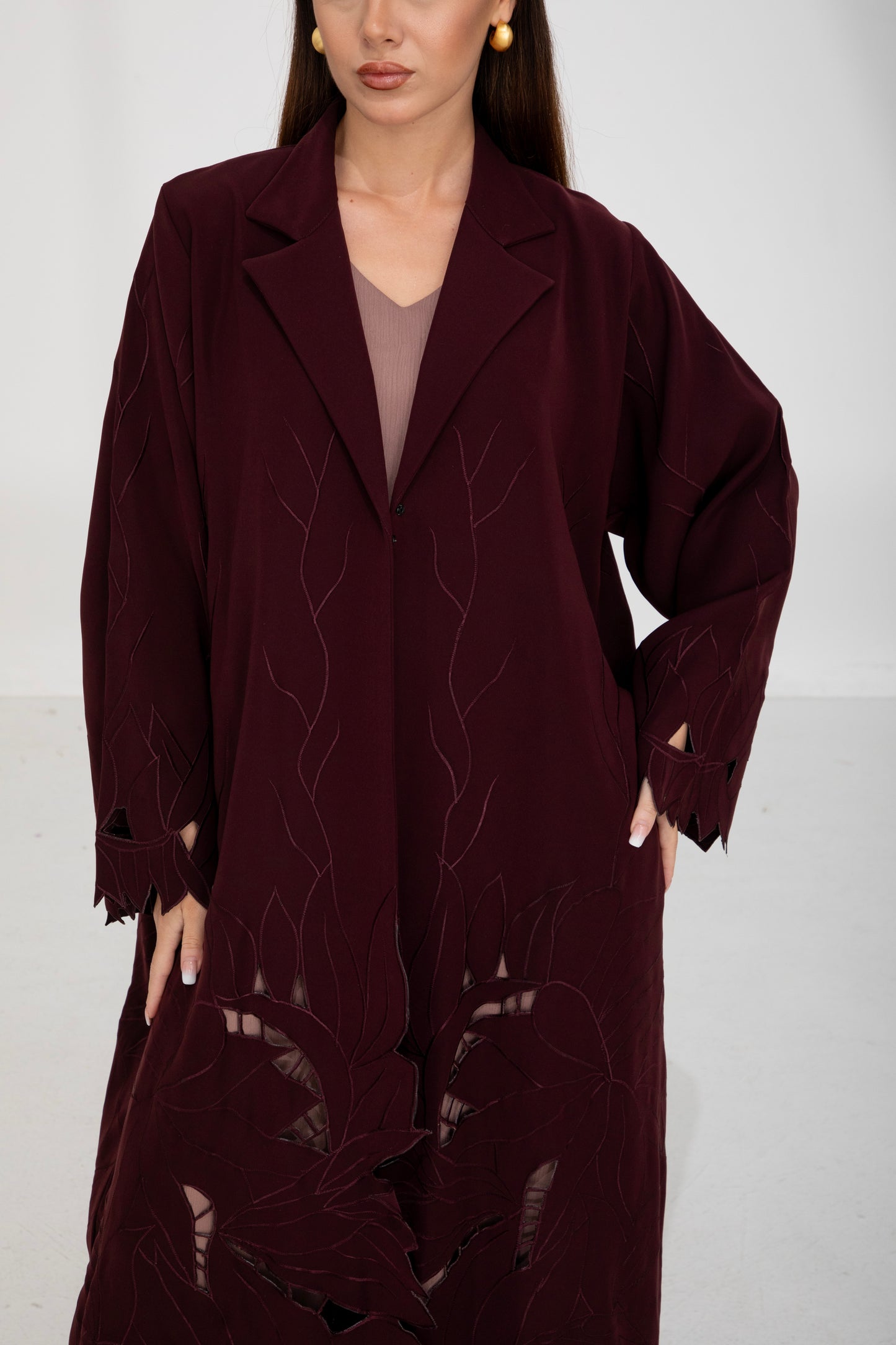 Crimson Leaf Cut-Out Abaya
