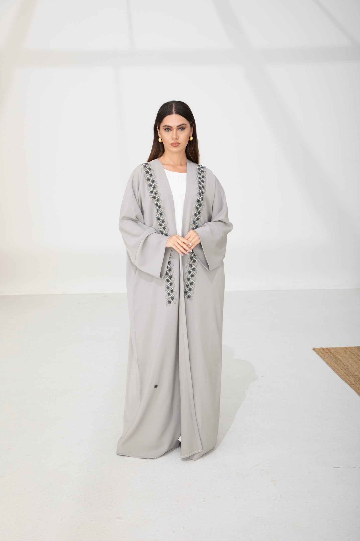 Pearl Grey Embellished Front Bisht Abaya