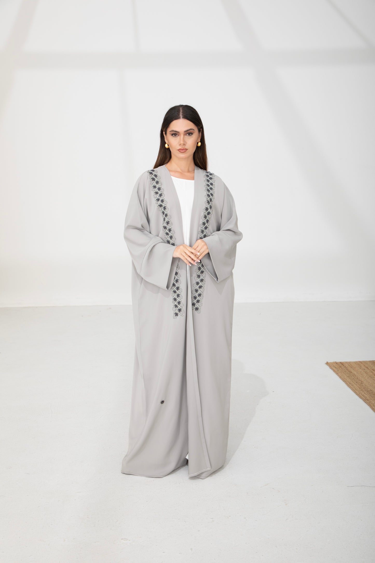 Pearl Grey Embellished Front Bisht Abaya