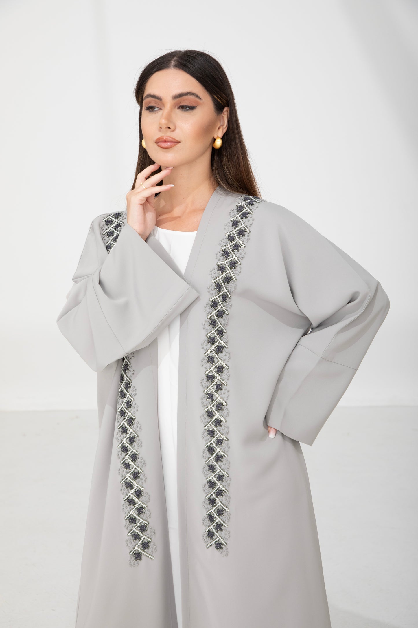 Pearl Grey Embellished Front Bisht Abaya