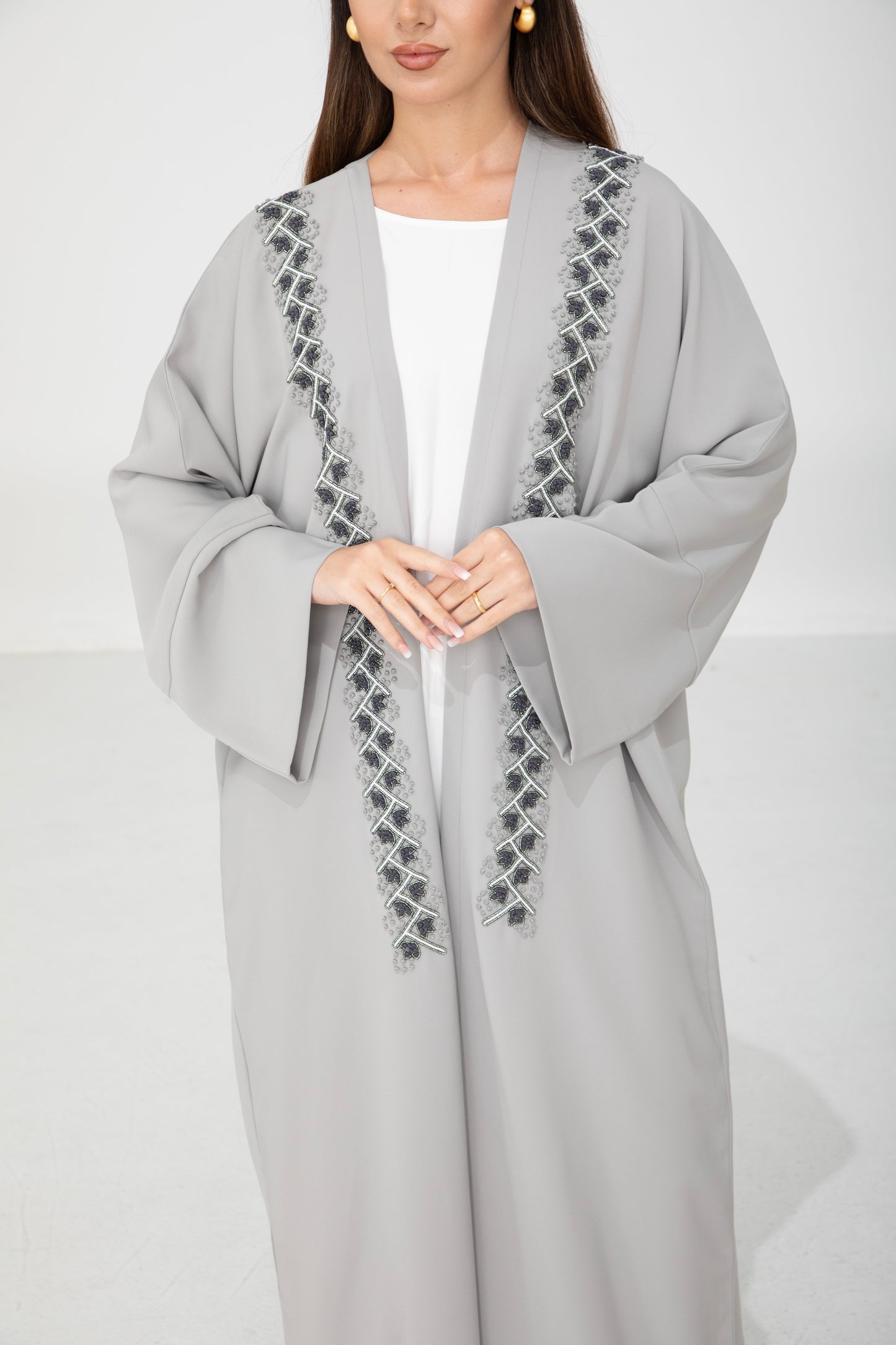 Pearl Grey Embellished Front Bisht Abaya