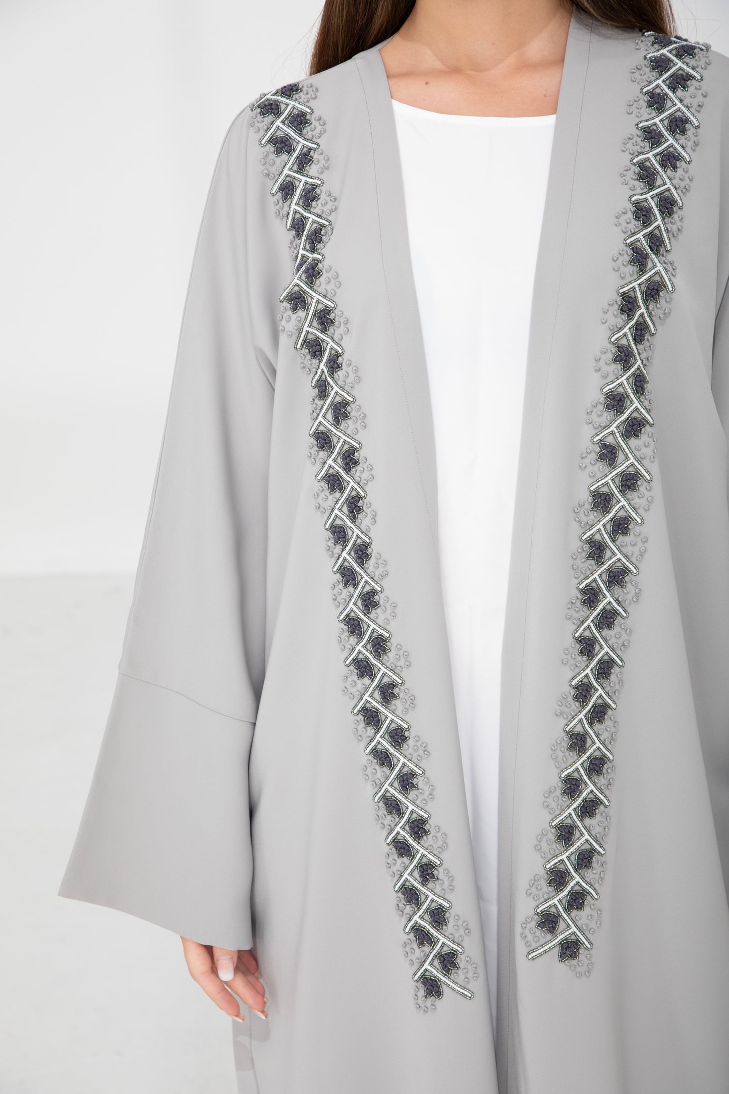 Pearl Grey Embellished Front Bisht Abaya