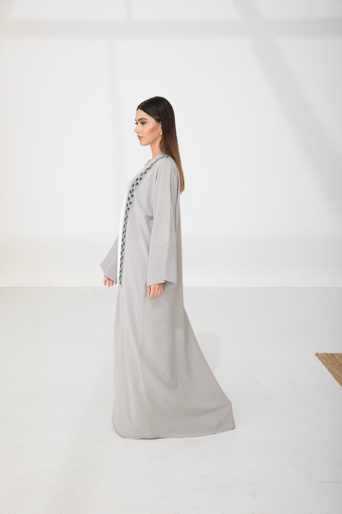 Pearl Grey Embellished Front Bisht Abaya