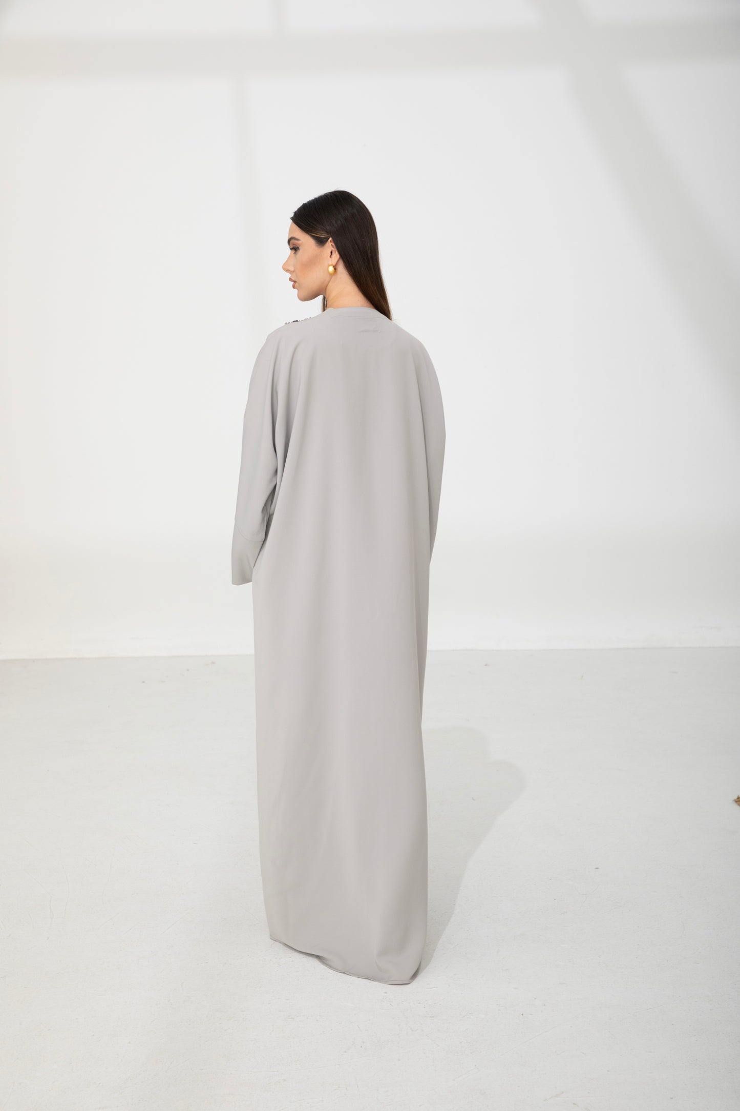 Pearl Grey Embellished Front Bisht Abaya