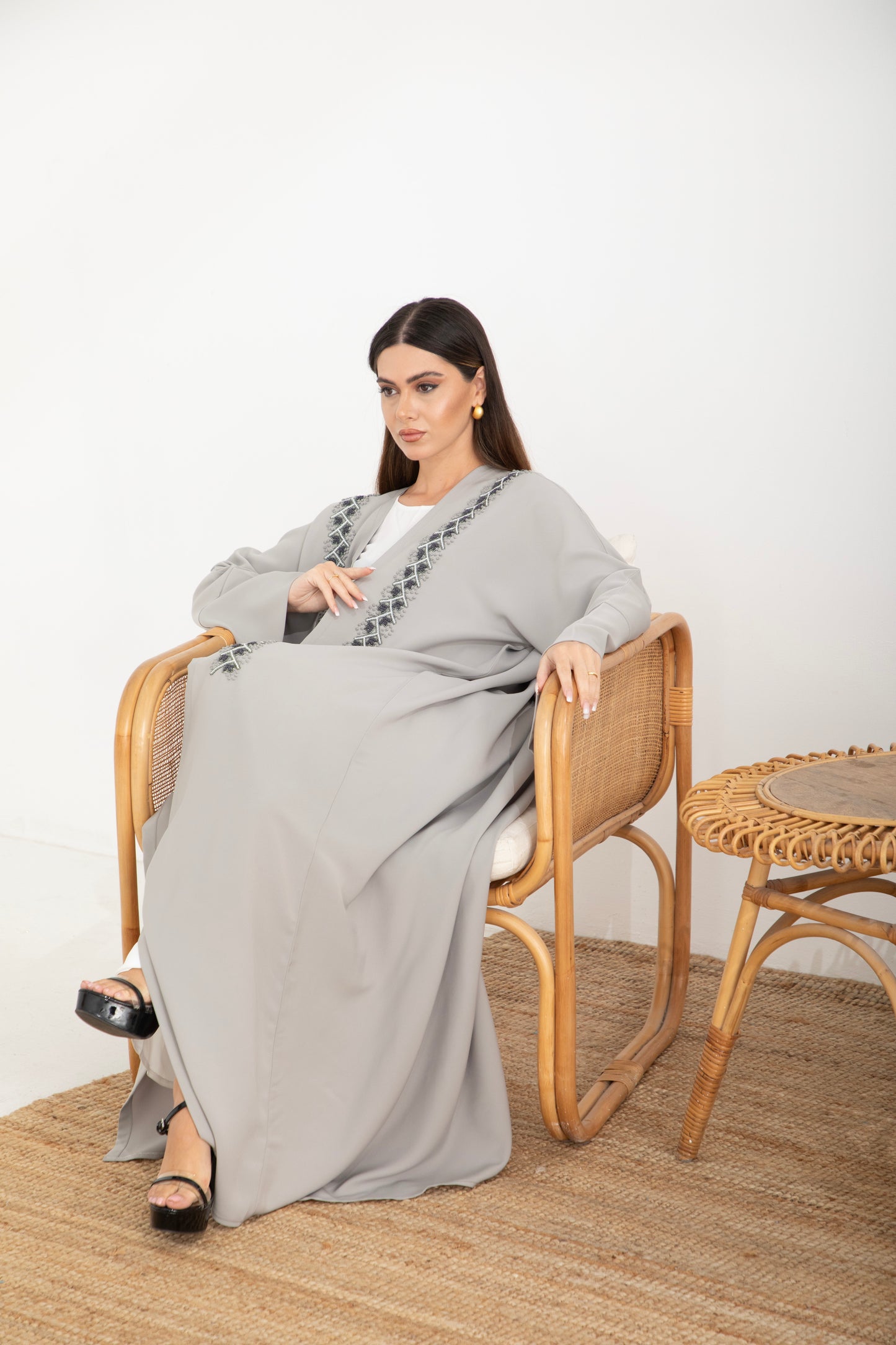 Pearl Grey Embellished Front Bisht Abaya
