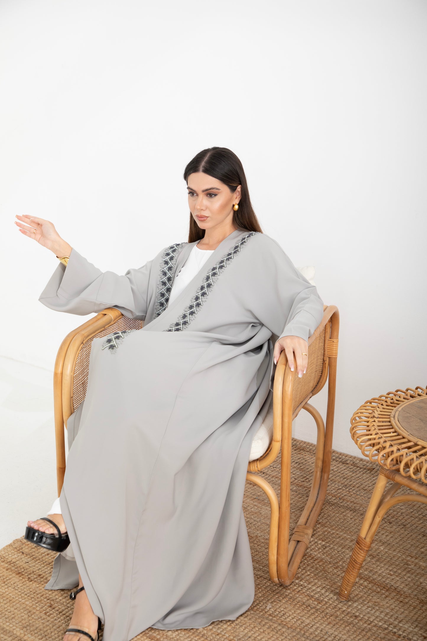 Pearl Grey Embellished Front Bisht Abaya