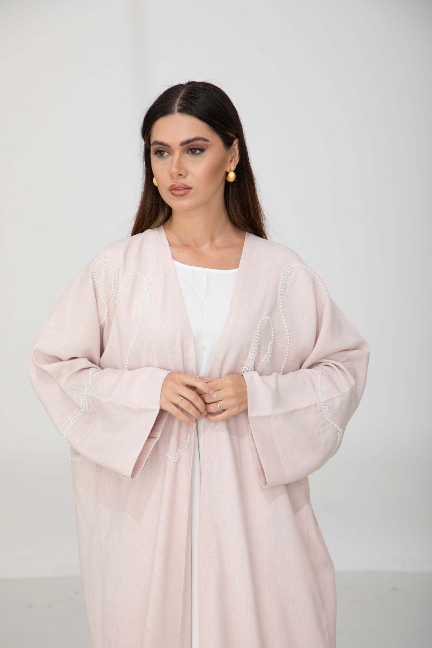 Blush Pink Pearl-Embroidered Bisht Abaya