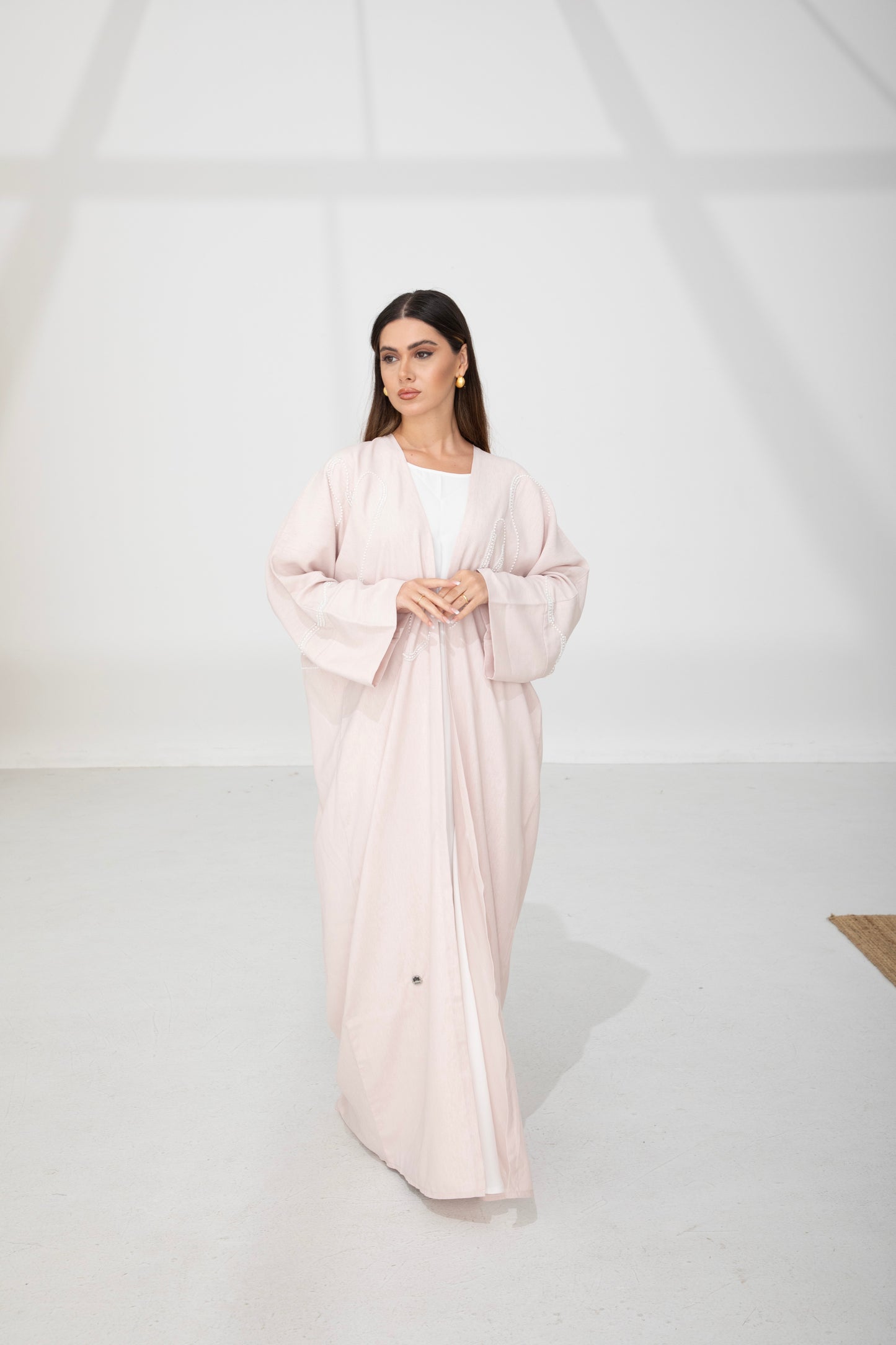 Blush Pink Pearl-Embroidered Bisht Abaya