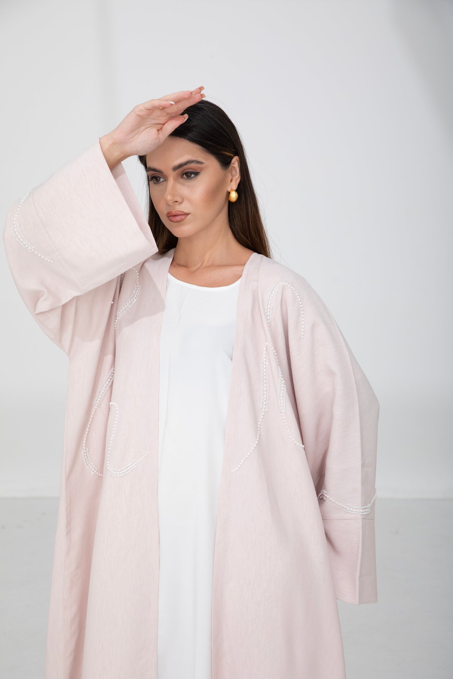 Blush Pink Pearl-Embroidered Bisht Abaya