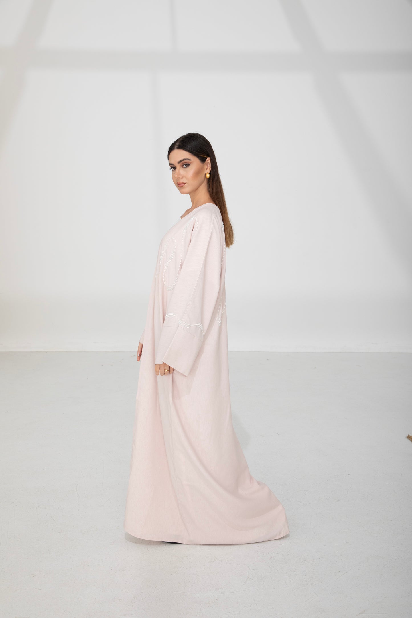 Blush Pink Pearl-Embroidered Bisht Abaya