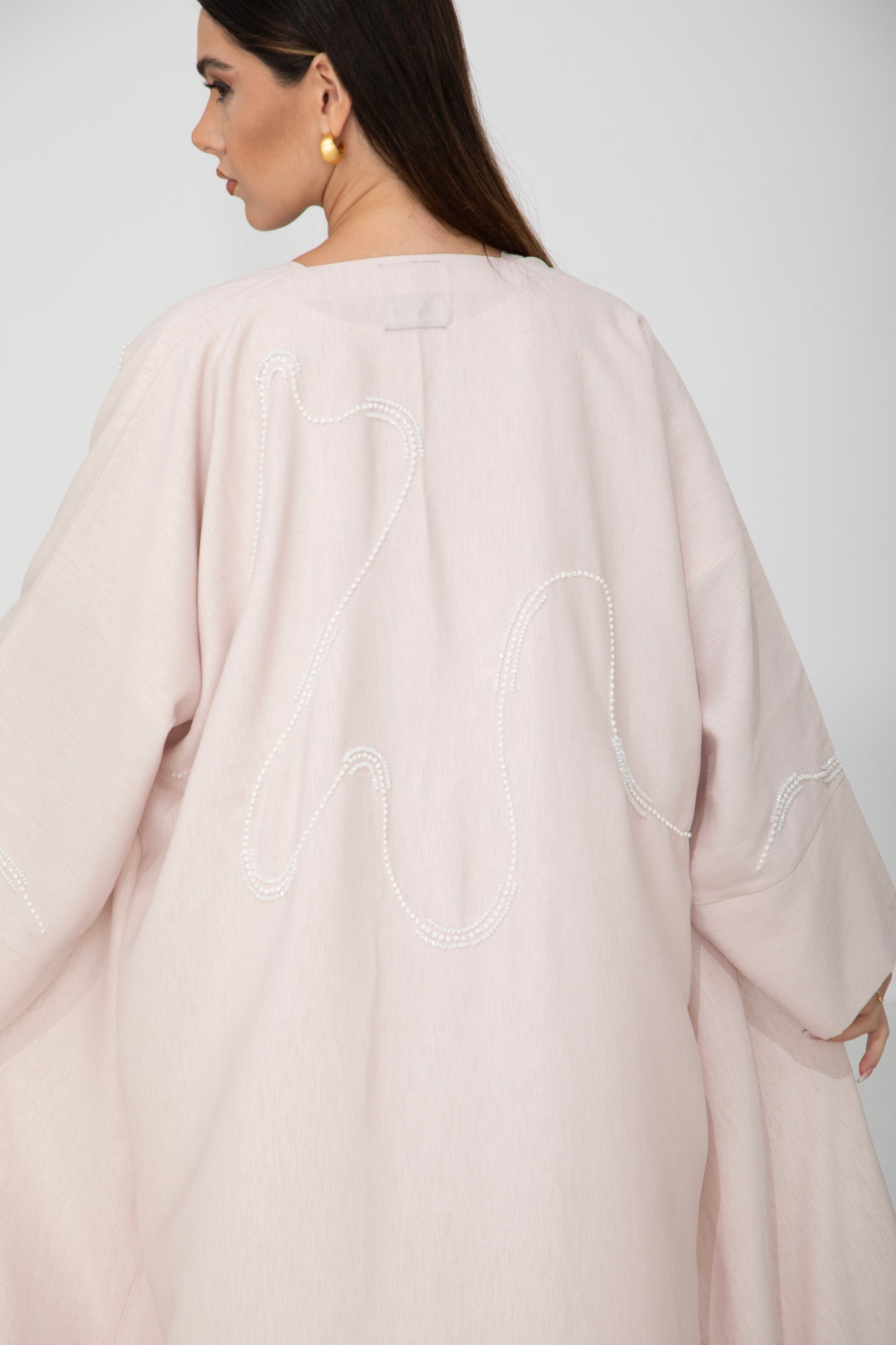 Blush Pink Pearl-Embroidered Bisht Abaya