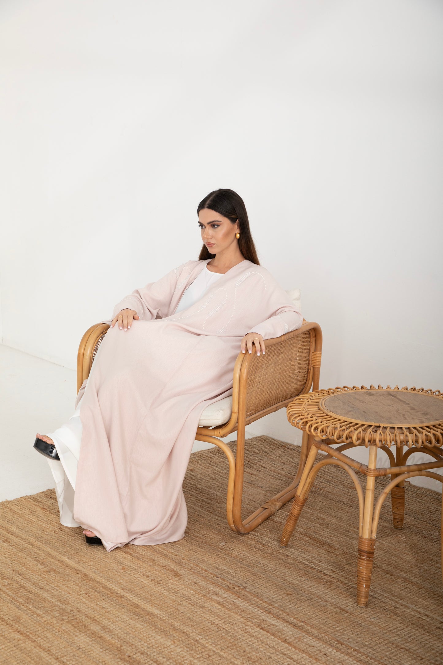 Blush Pink Pearl-Embroidered Bisht Abaya
