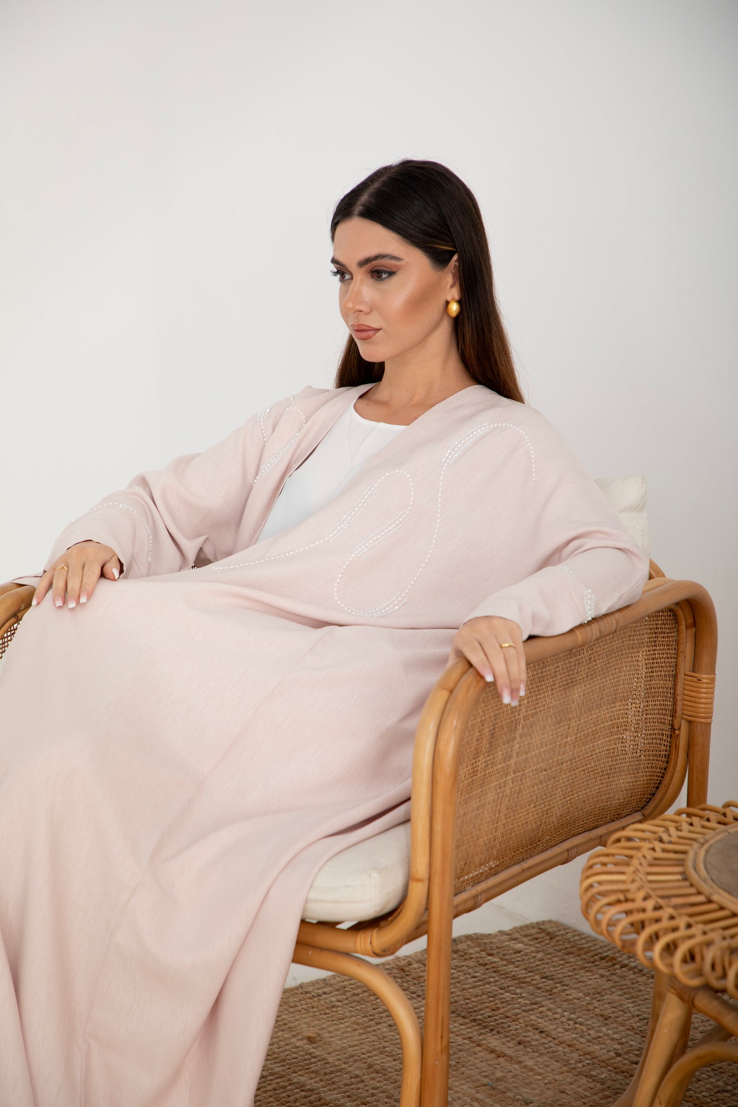 Blush Pink Pearl-Embroidered Bisht Abaya