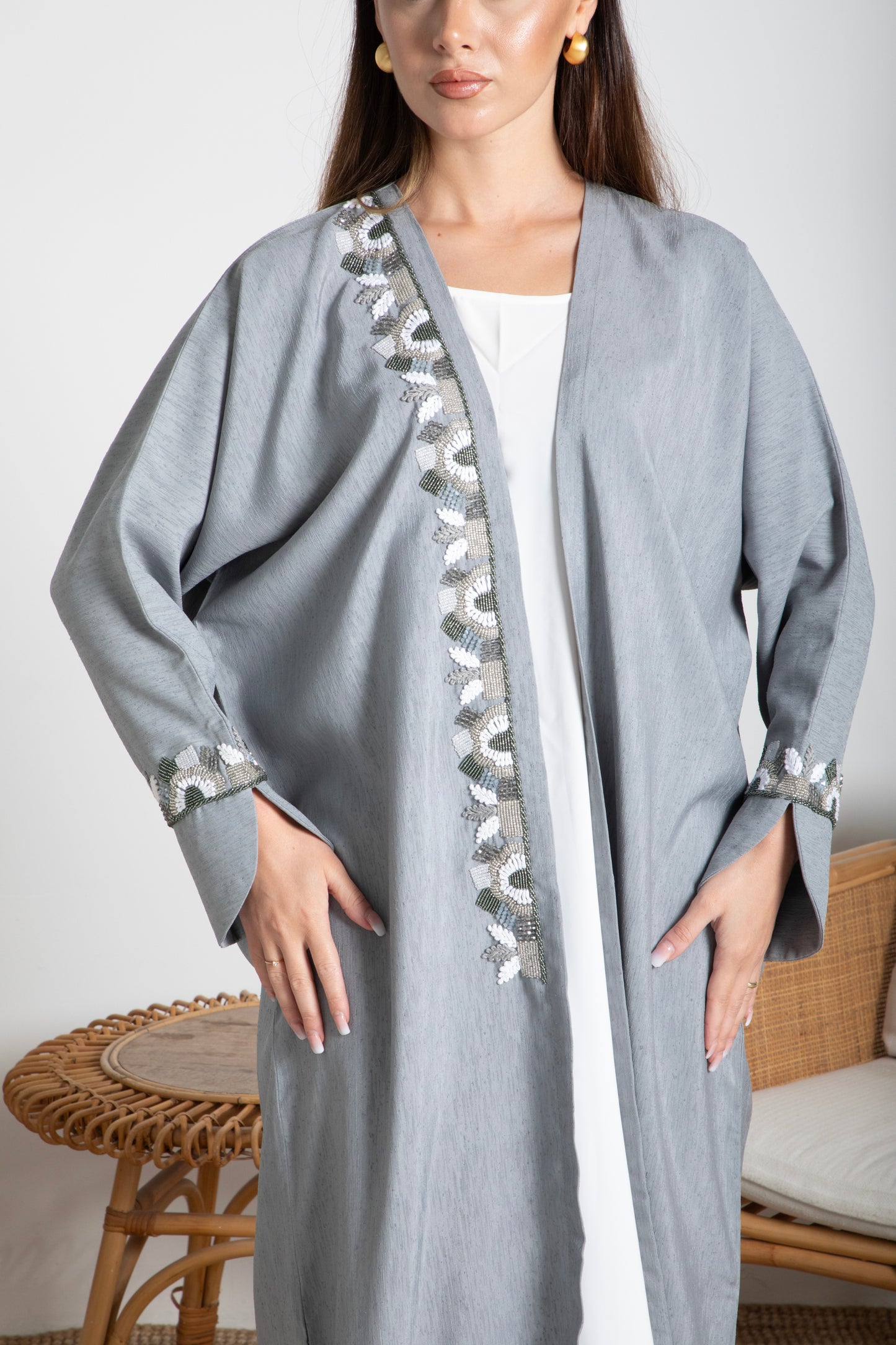 Embellished Grey Bisht Abaya With Embroidered Details