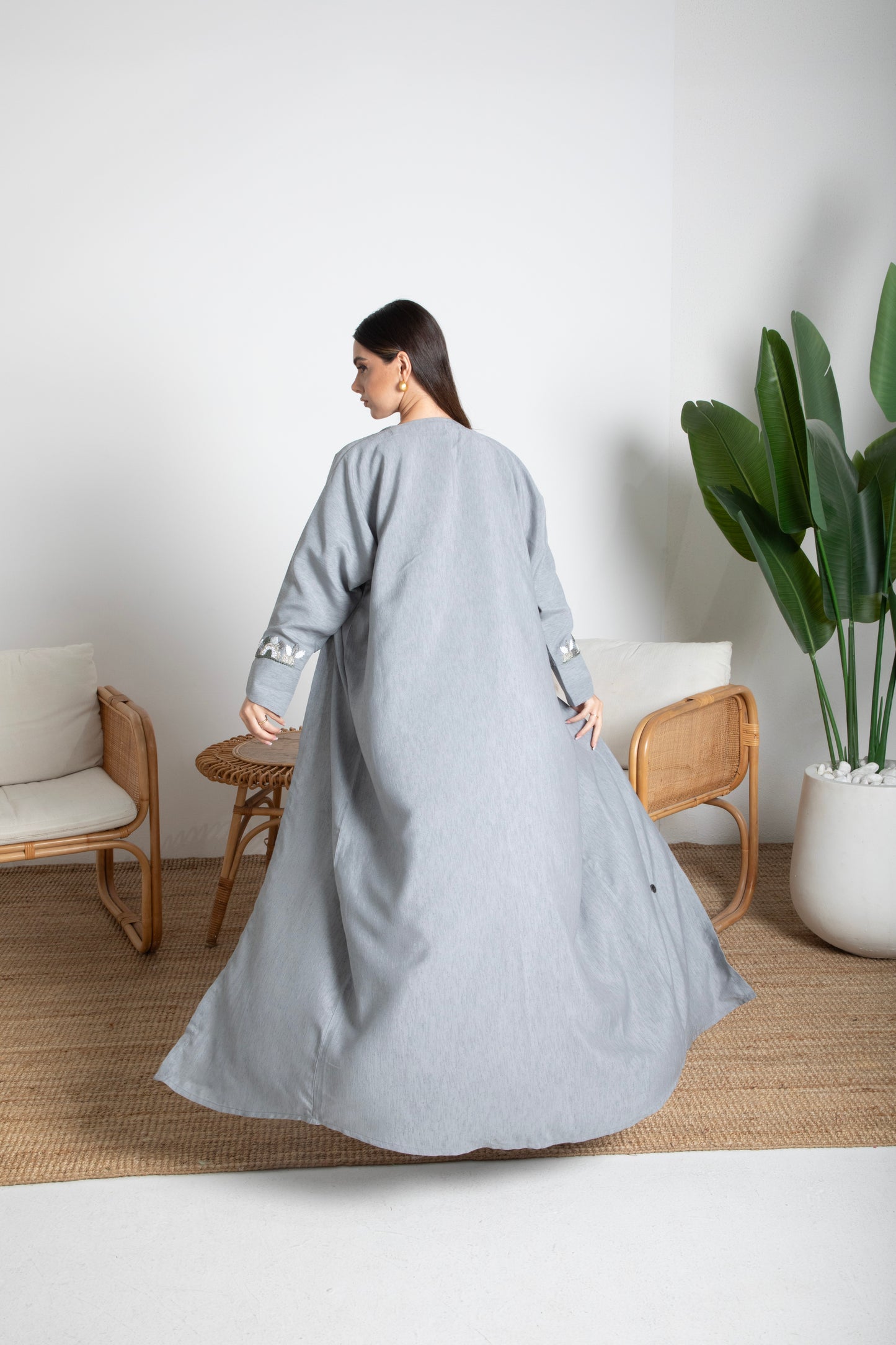 Embellished Grey Bisht Abaya With Embroidered Details
