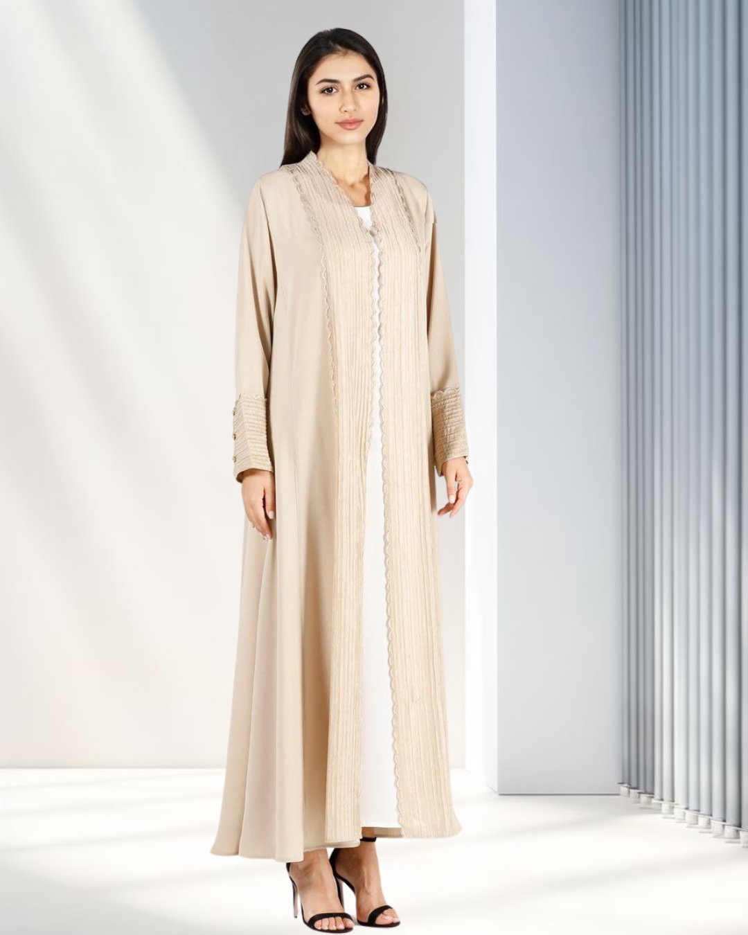 Cream Scallop Edge Pleated Bisht Abaya