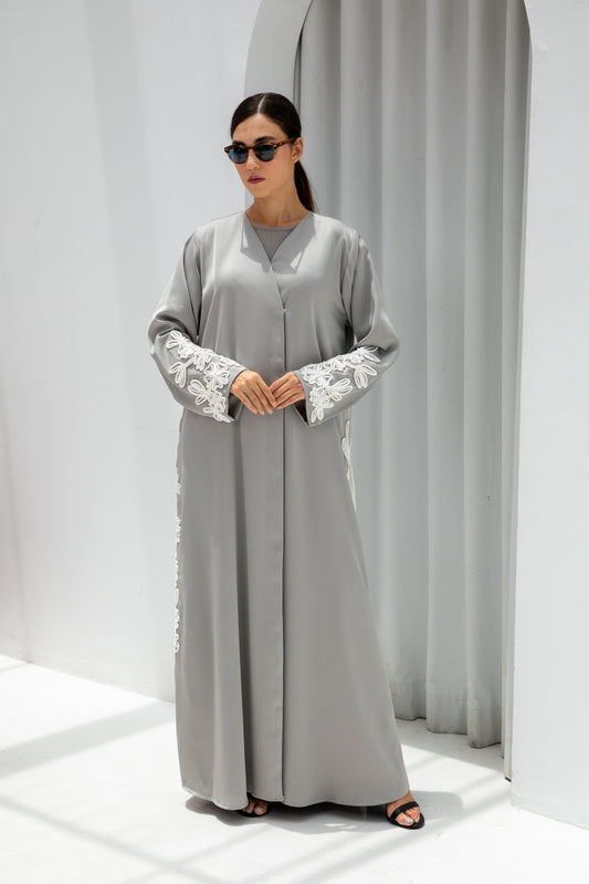 Pearl Grey Embroidered Abaya