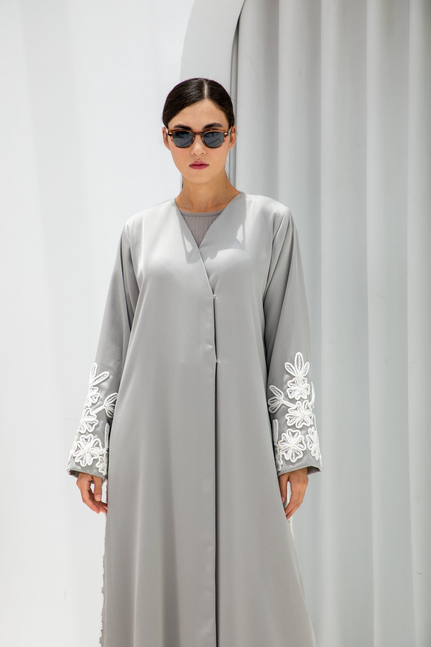 Pearl Grey Embroidered Abaya