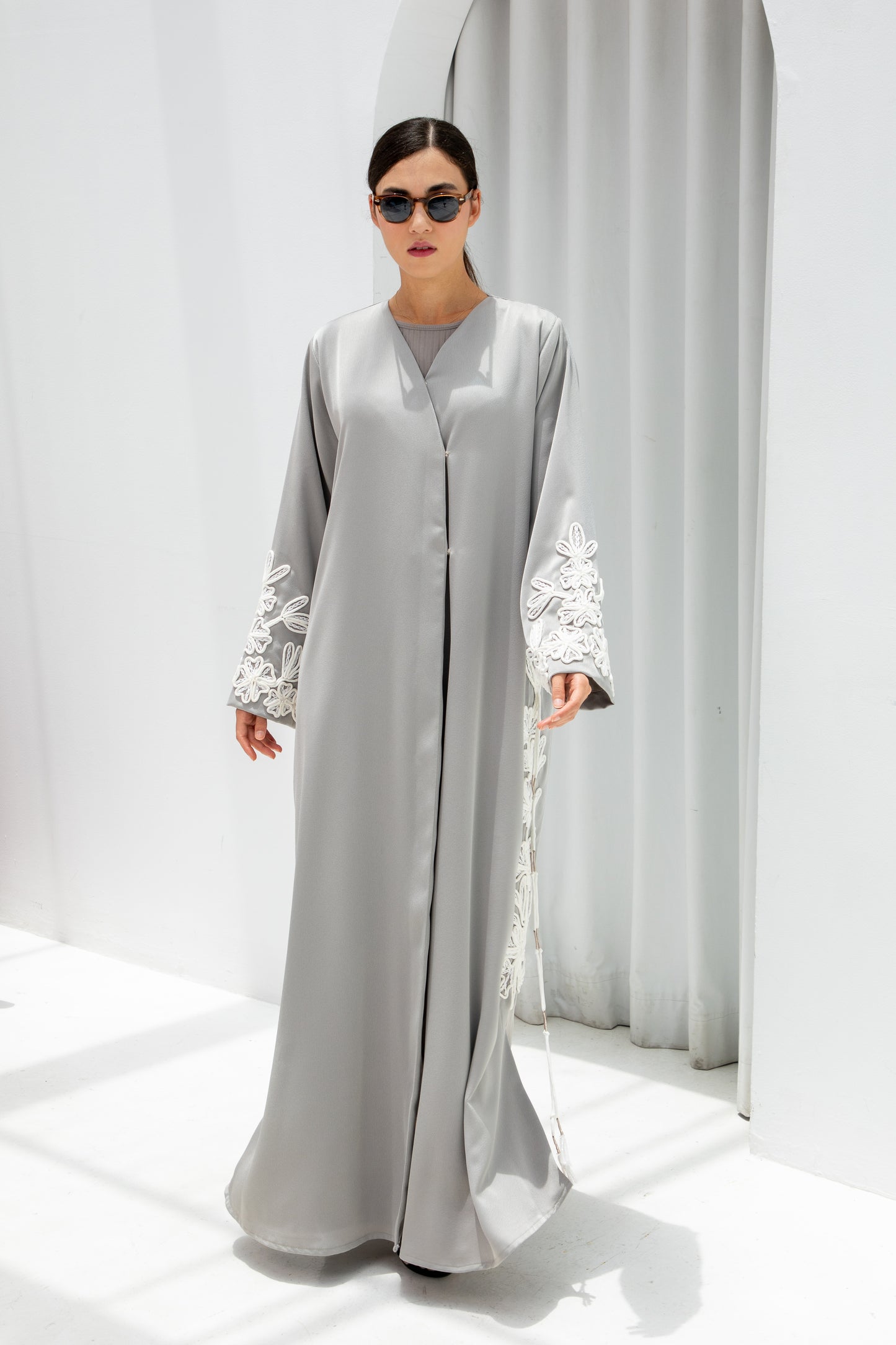Pearl Grey Embroidered Abaya