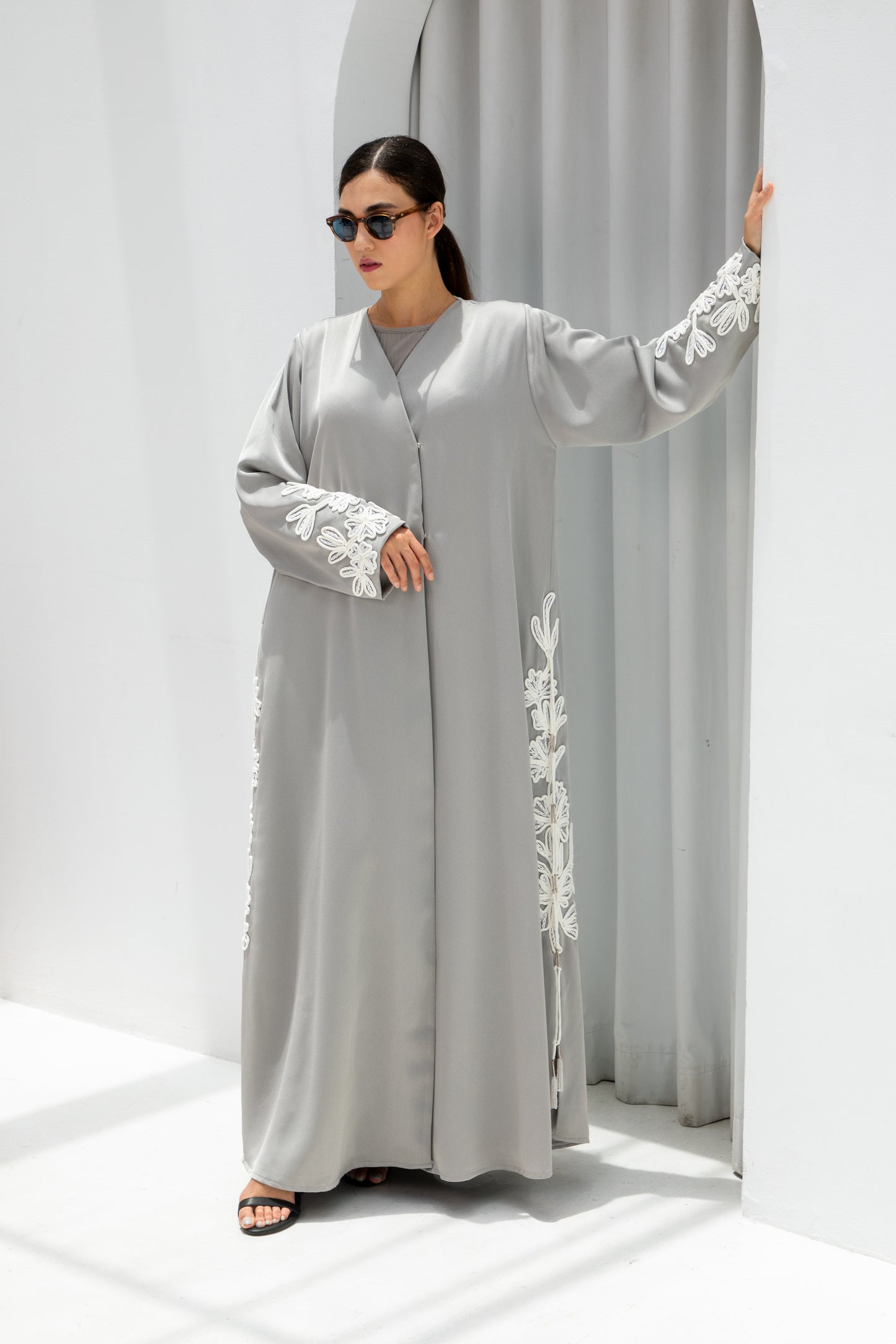 Pearl Grey Embroidered Abaya