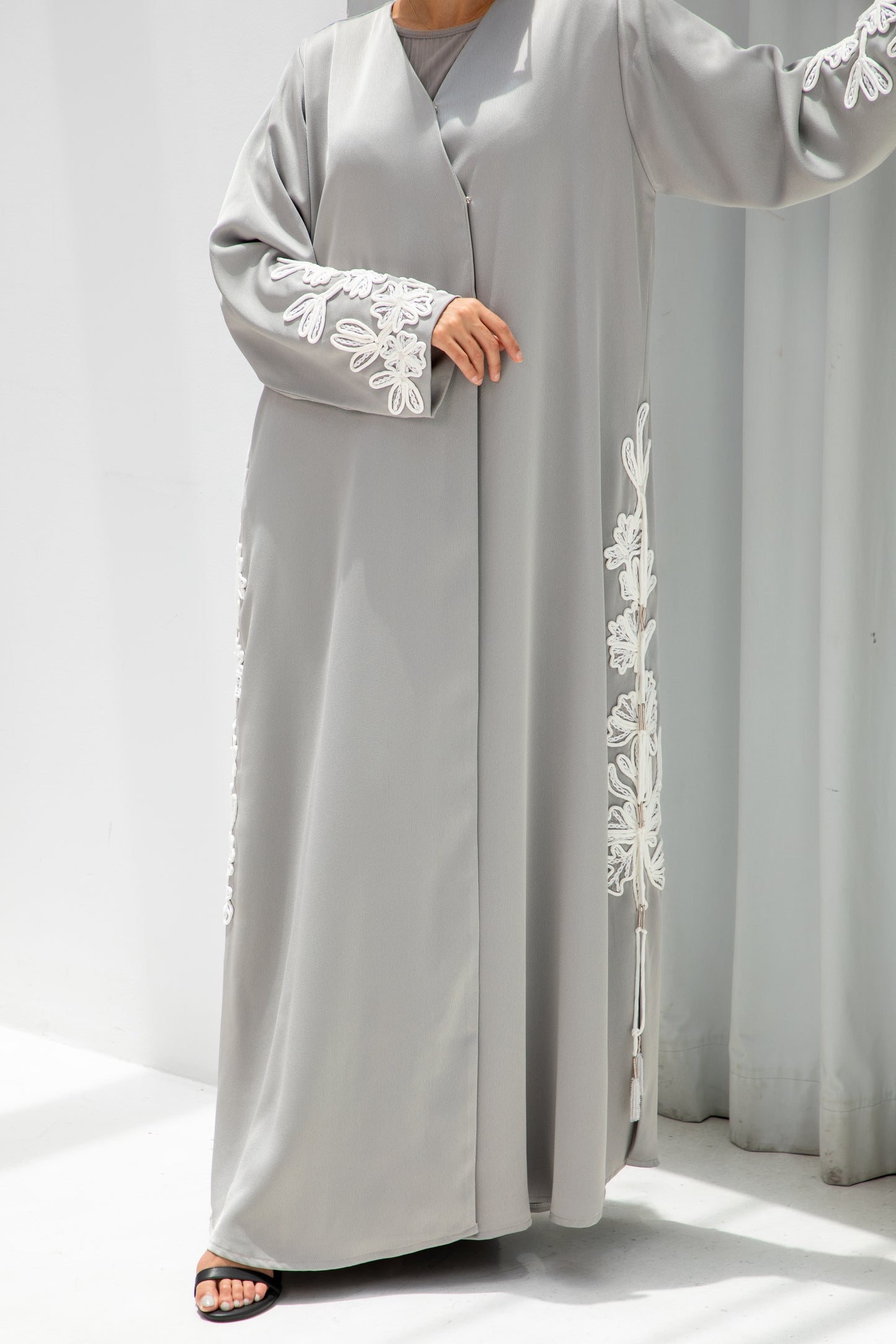 Pearl Grey Embroidered Abaya