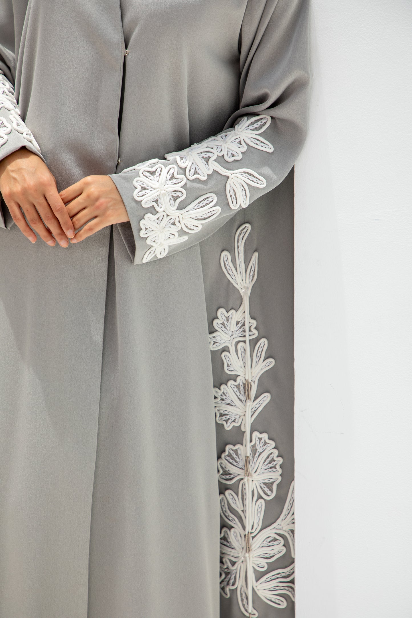 Pearl Grey Embroidered Abaya