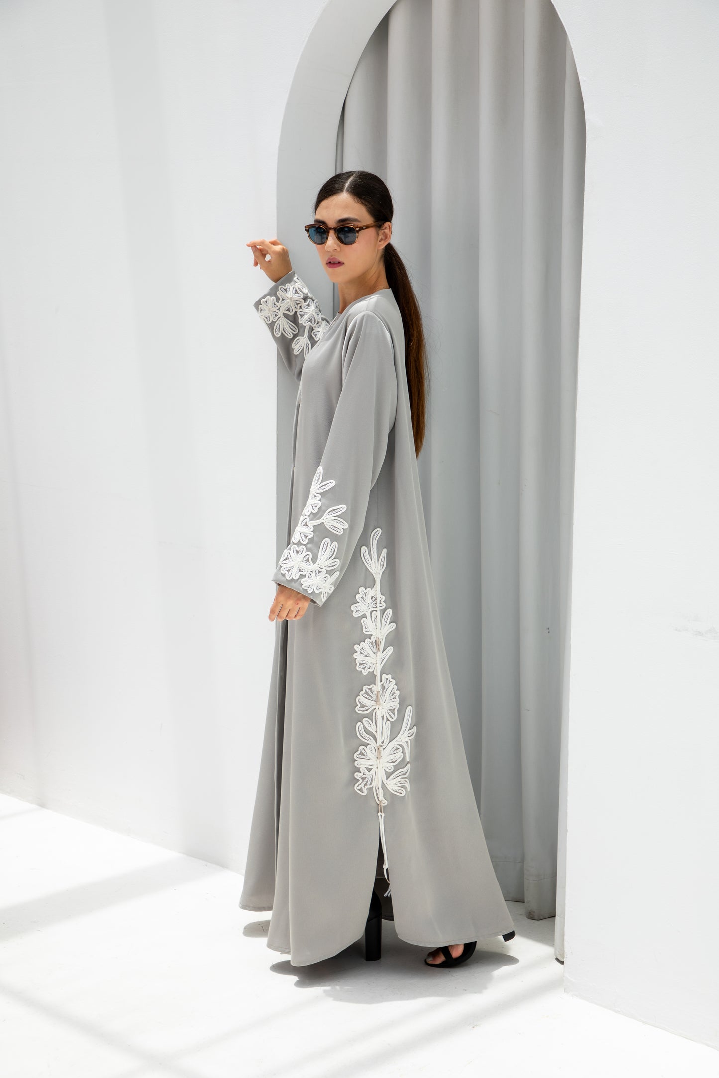 Pearl Grey Embroidered Abaya