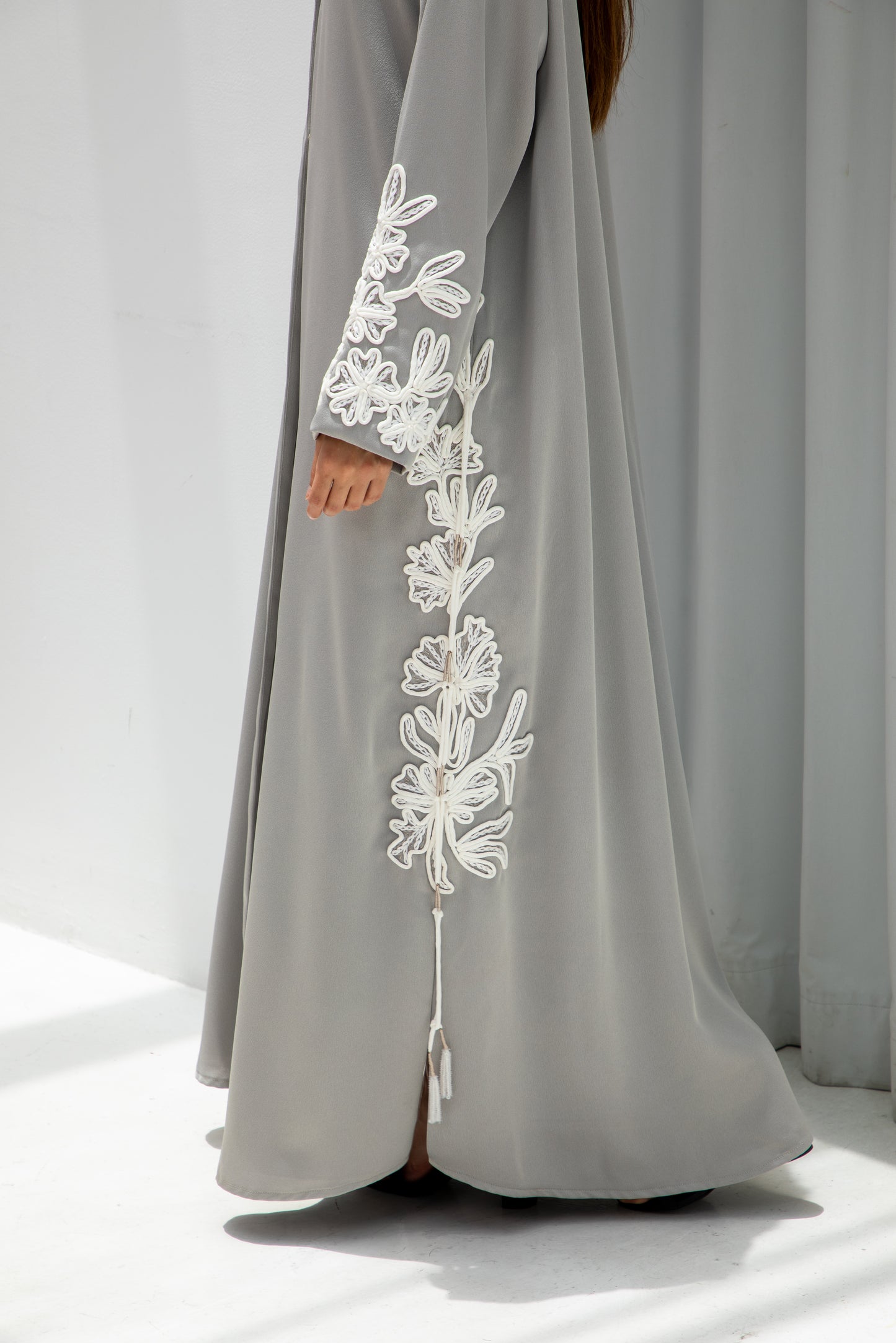Pearl Grey Embroidered Abaya
