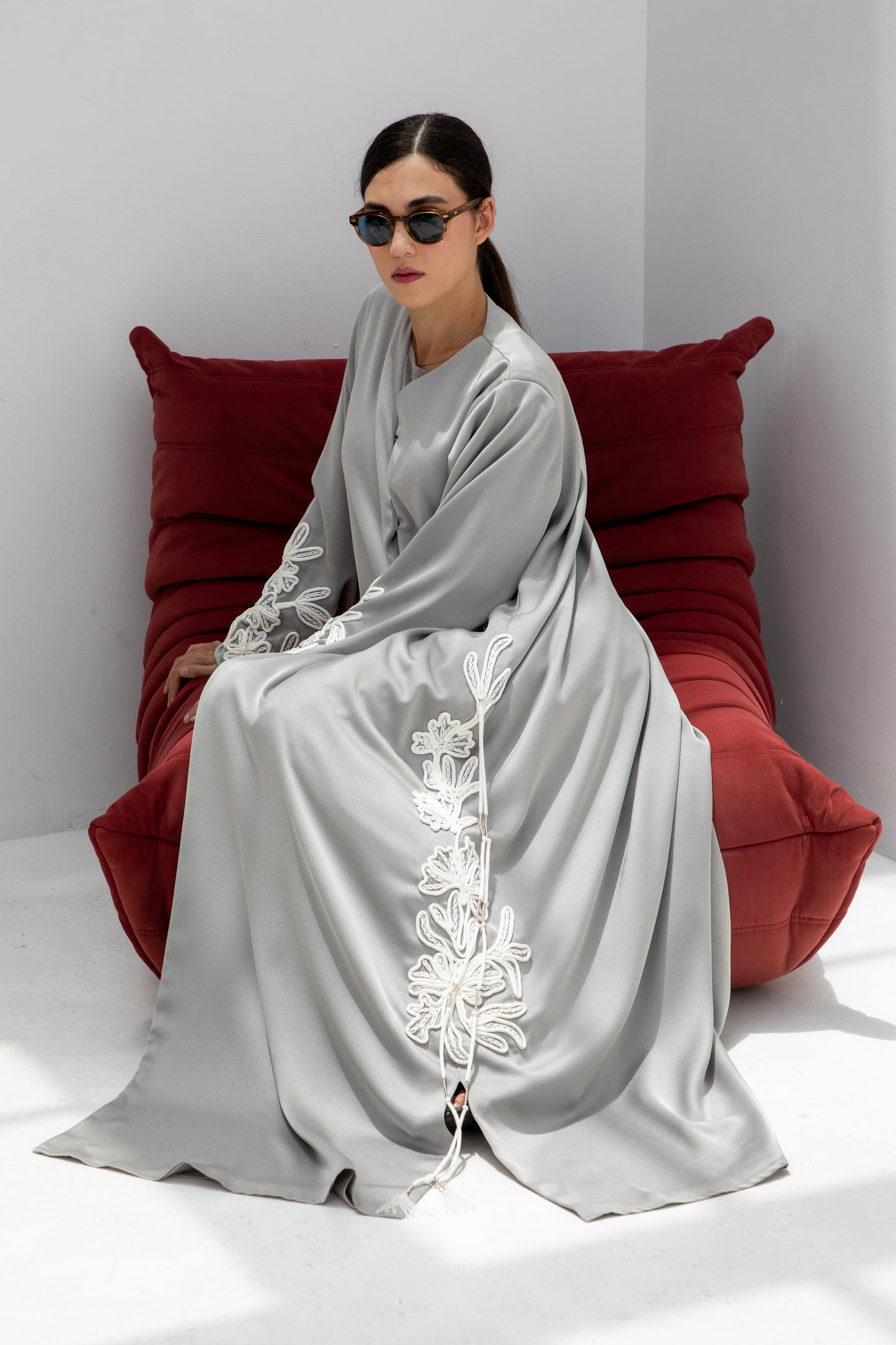 Pearl Grey Embroidered Abaya