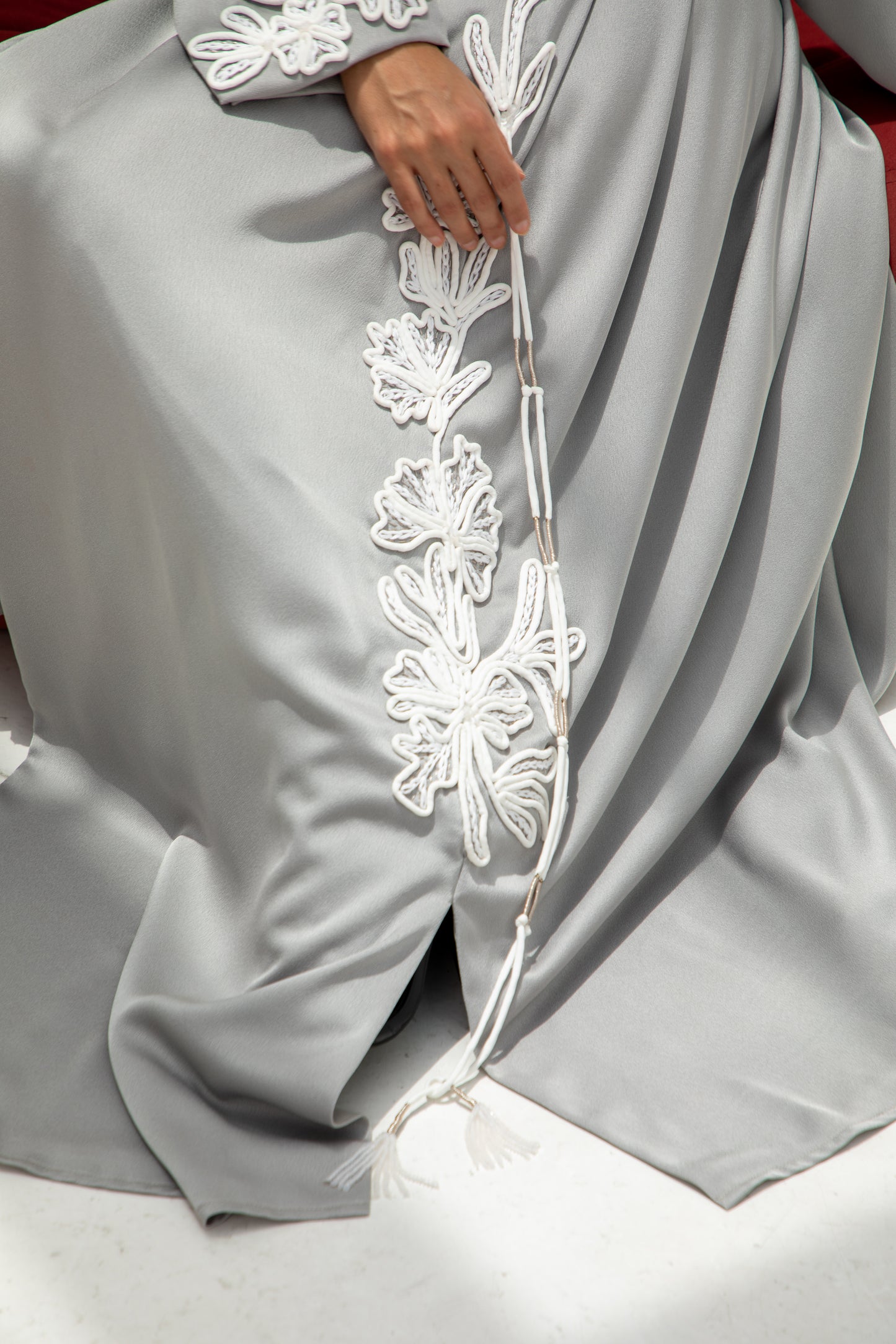 Pearl Grey Embroidered Abaya