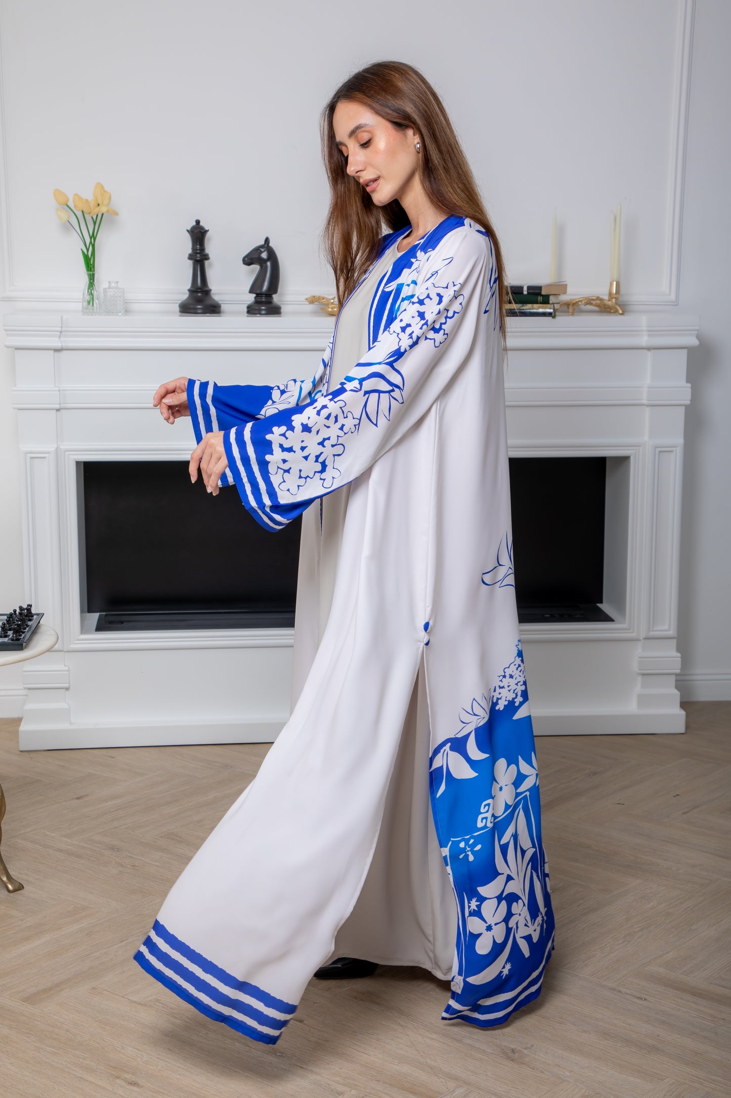 Blue and White Floral Abaya