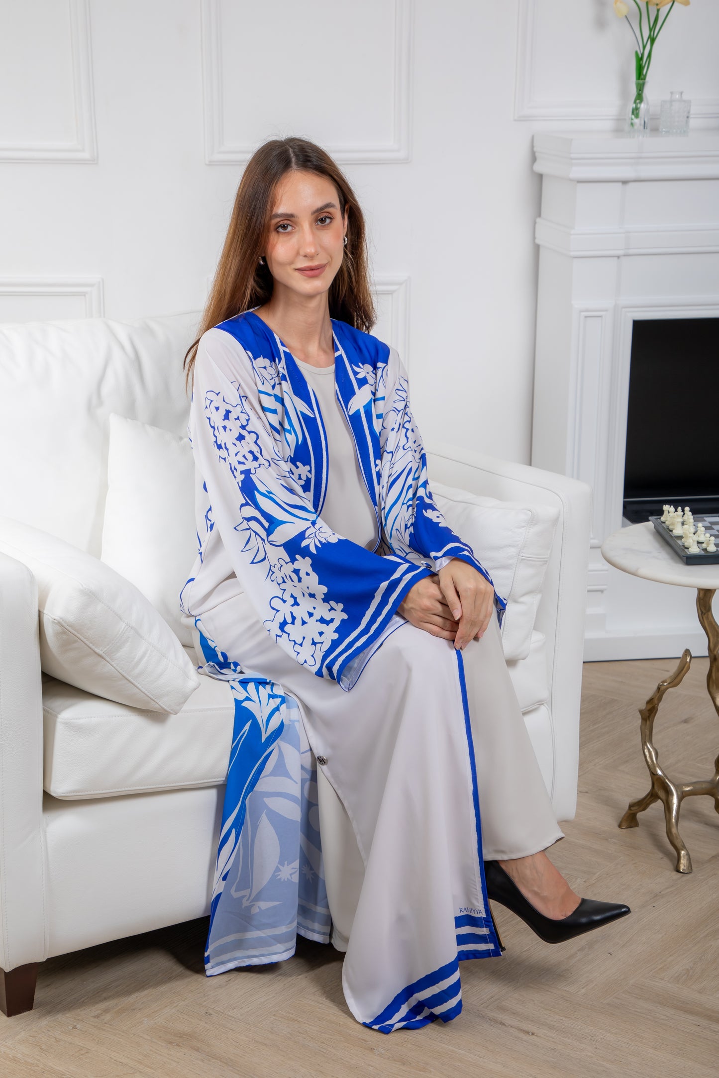 Blue and White Floral Abaya
