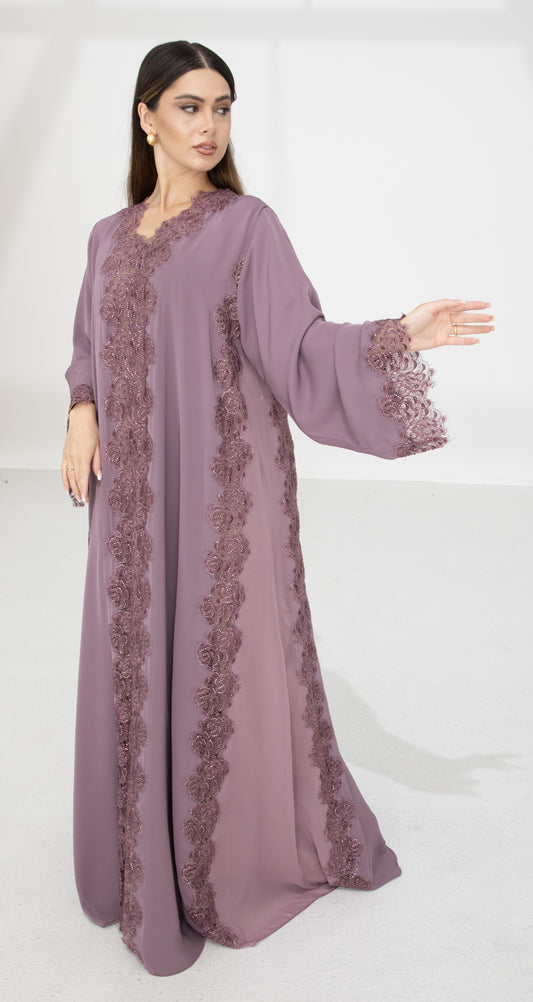 Heather Mauve Dantel Abaya