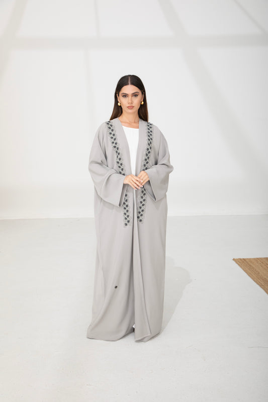 Pearl Grey Embellished Front Bisht Abaya