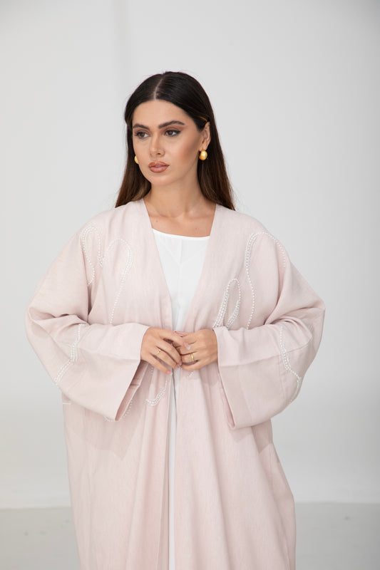 Blush Pink Pearl-Embroidered Bisht Abaya