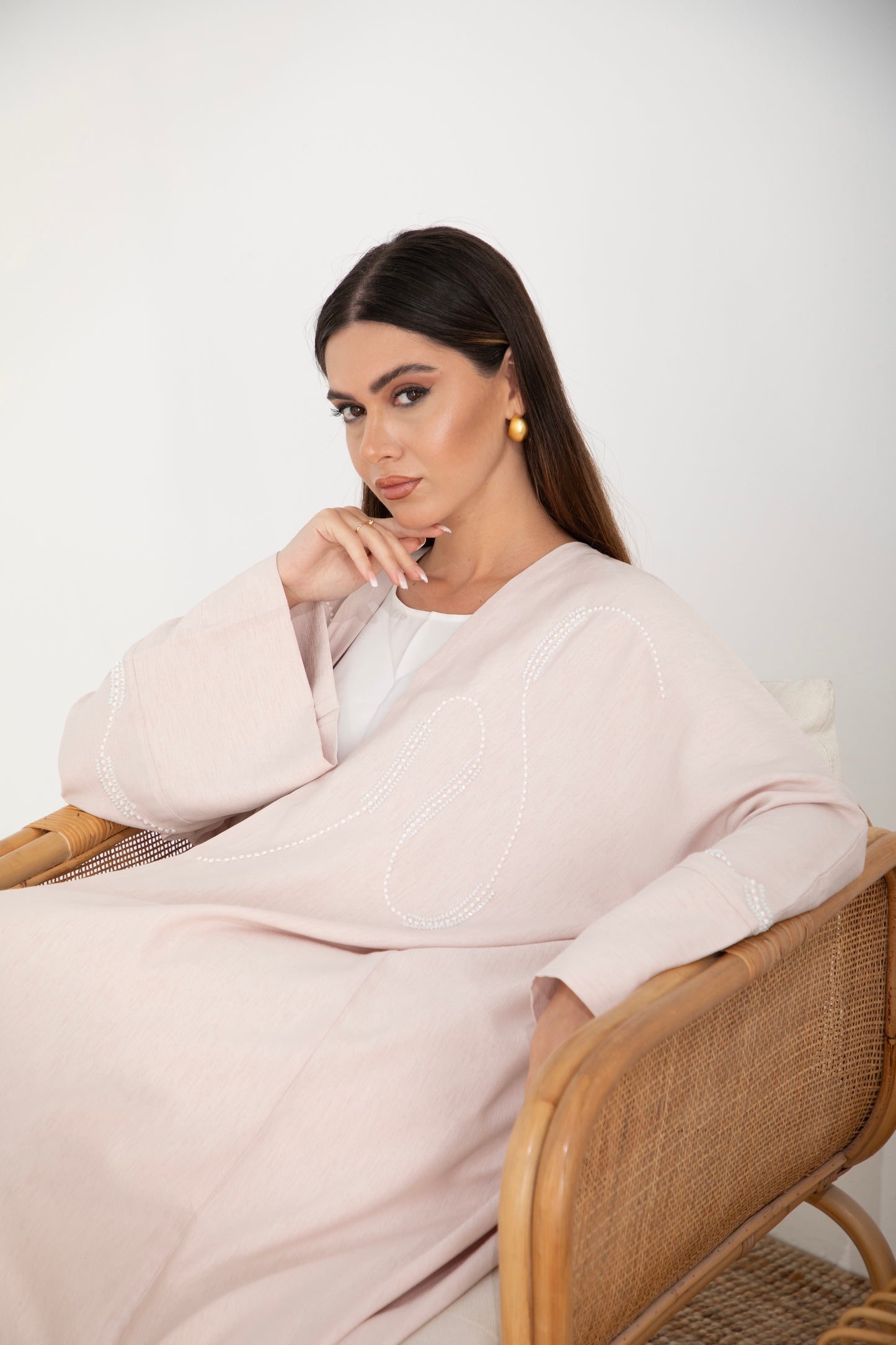 Blush Pink Pearl-Embroidered Bisht Abaya