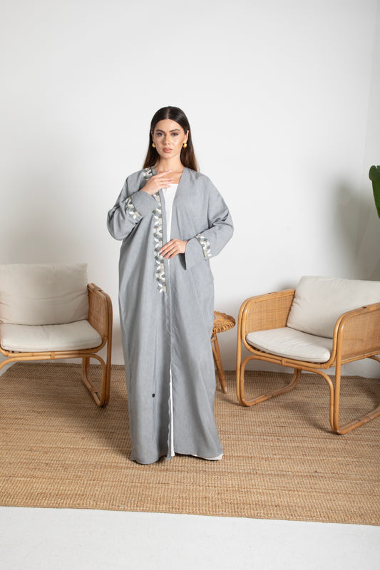 Embellished Grey Bisht Abaya With Embroidered Details