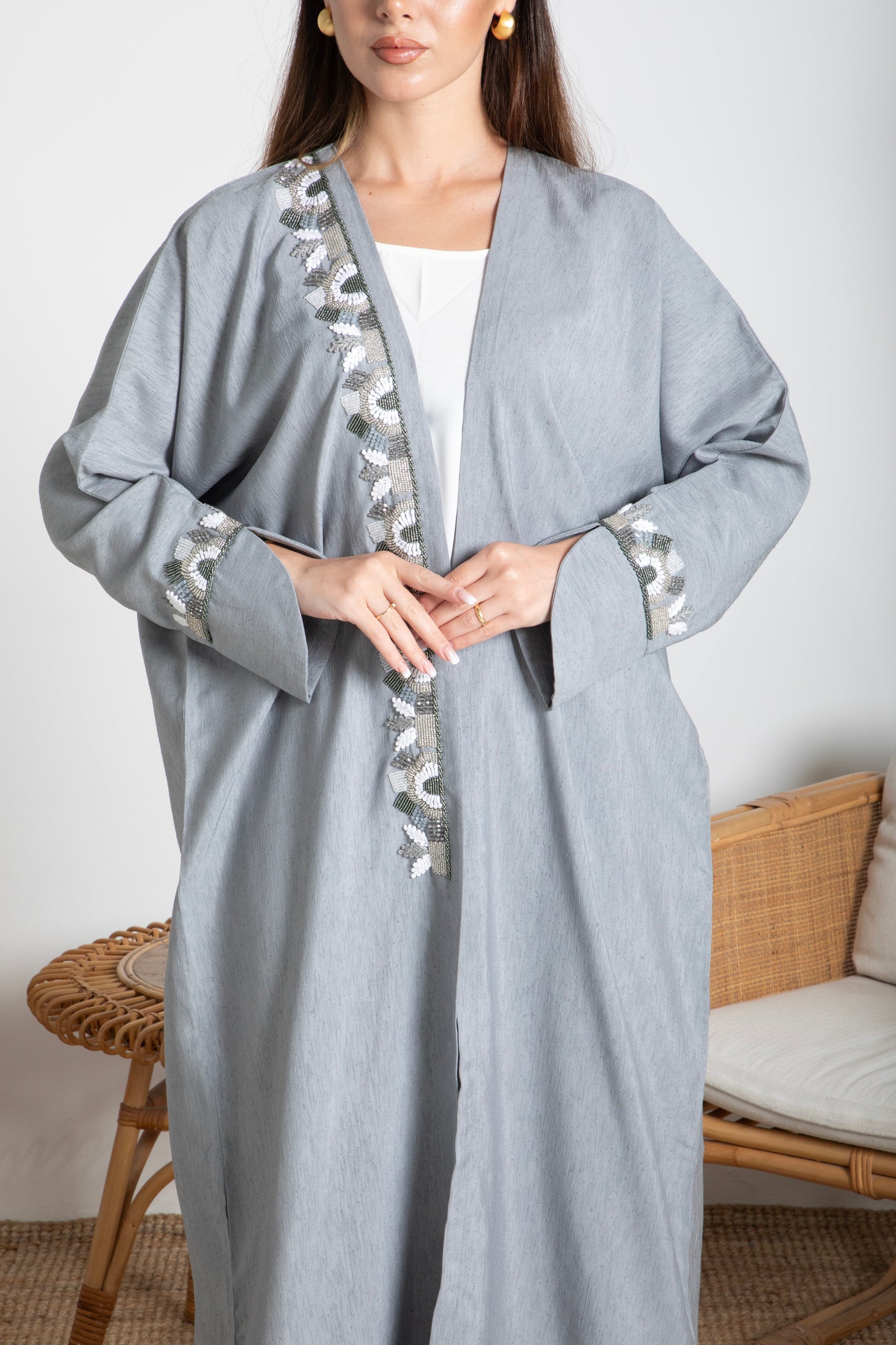 Embellished Grey Bisht Abaya With Embroidered Details