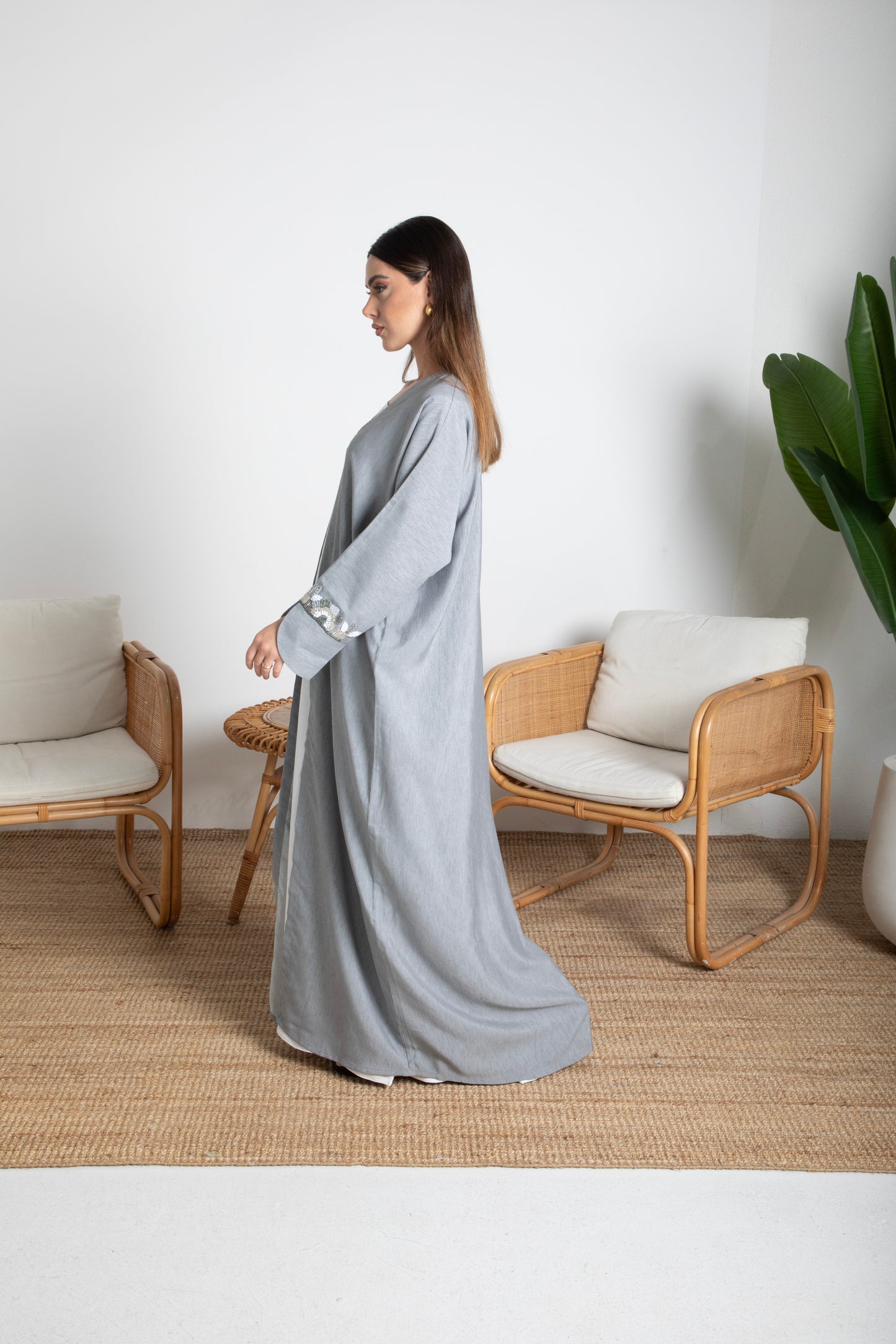 Embellished Grey Bisht Abaya With Embroidered Details