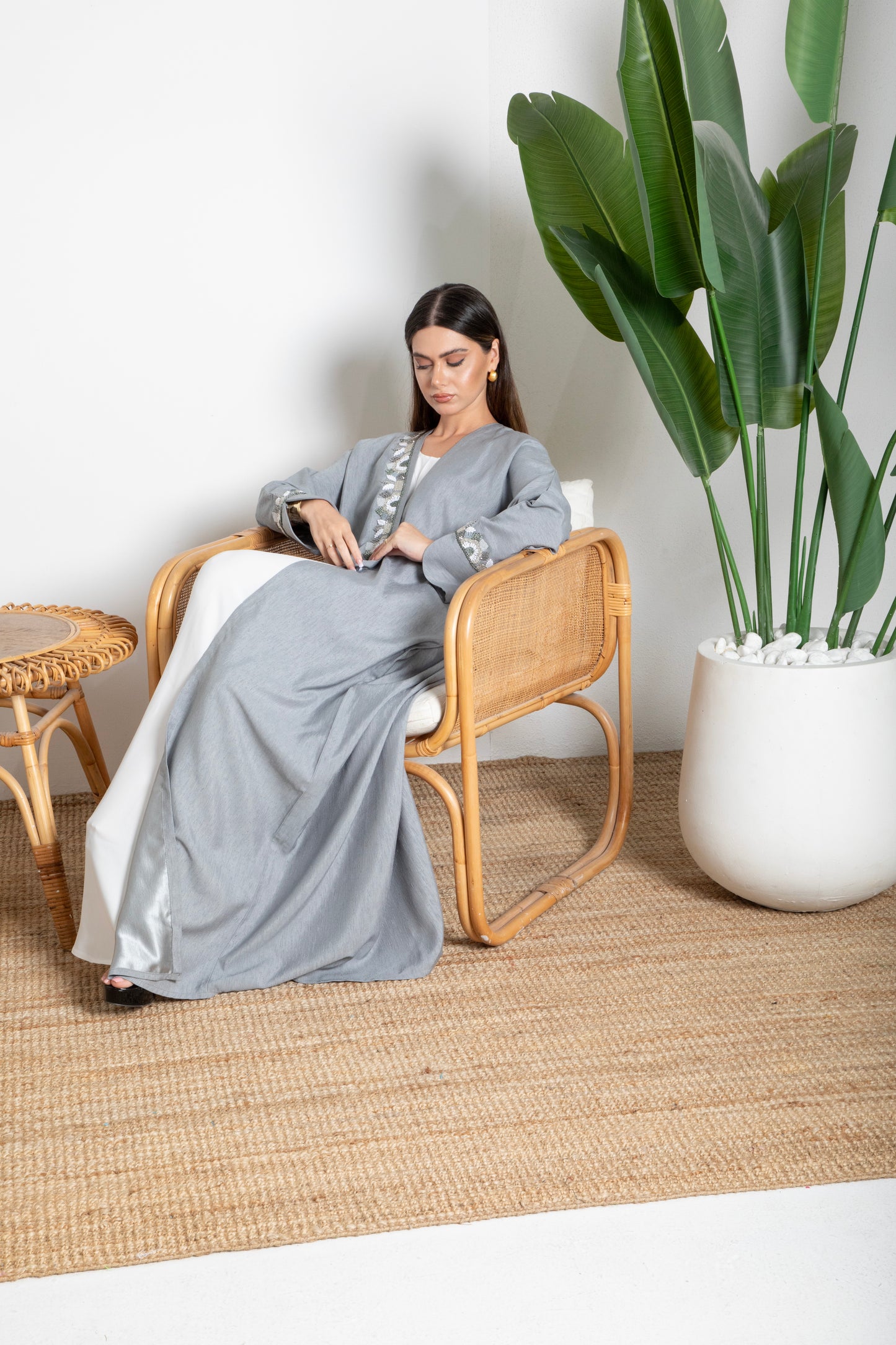 Embellished Grey Bisht Abaya With Embroidered Details