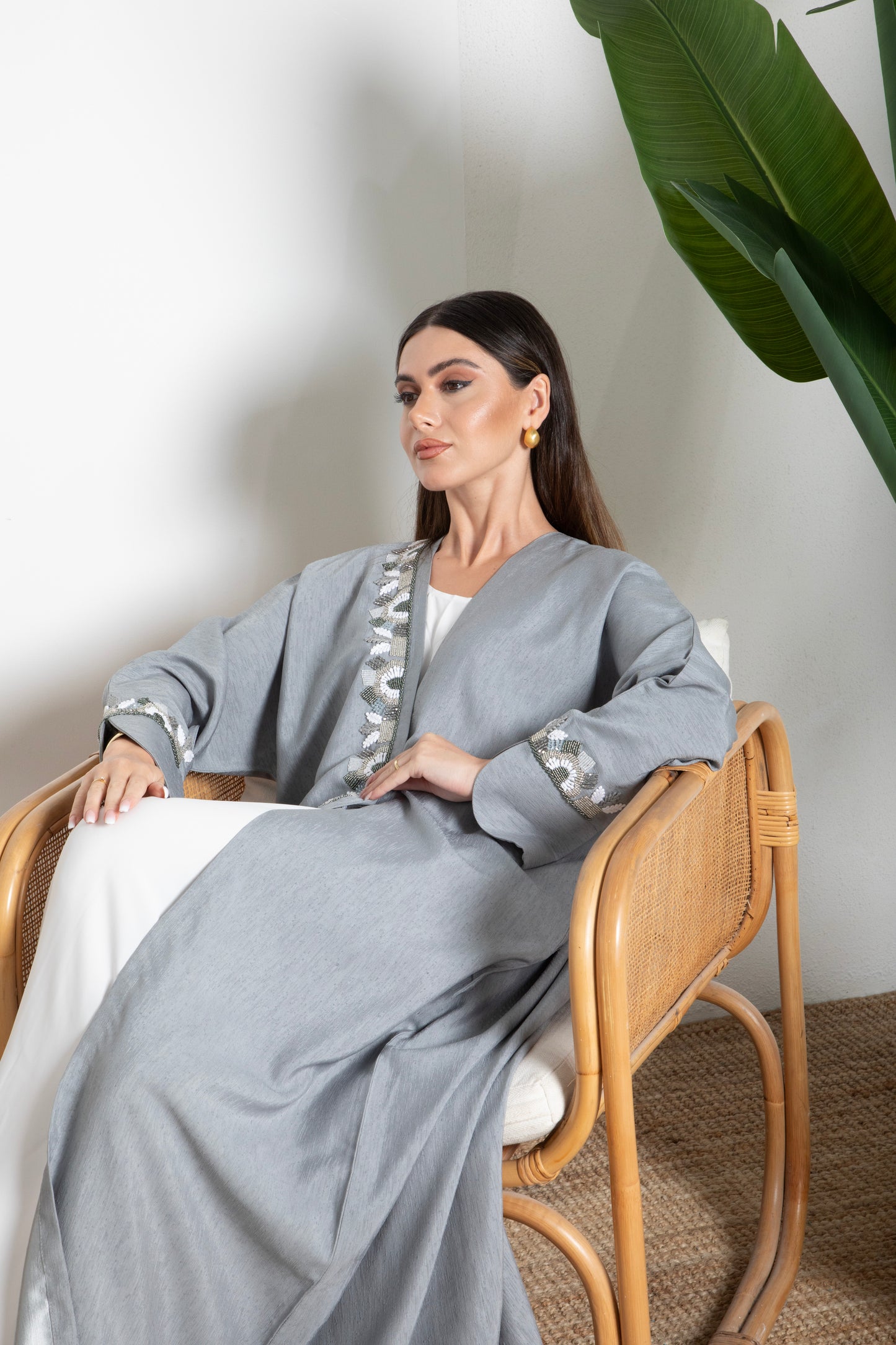 Embellished Grey Bisht Abaya With Embroidered Details