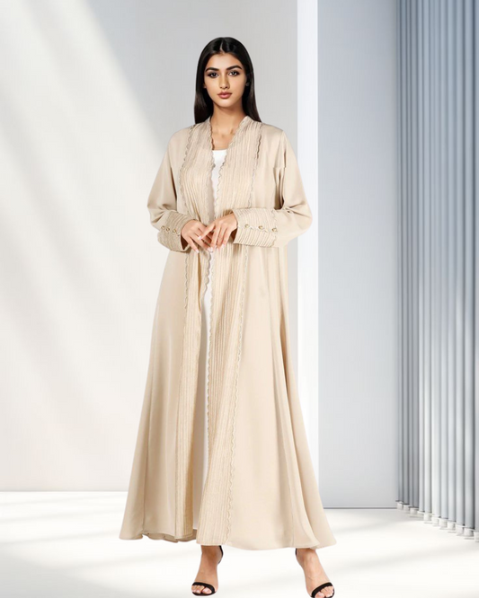 Cream Scallop Edge Pleated Bisht Abaya